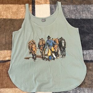 Graphic Tank Top with Cowboy and Horses